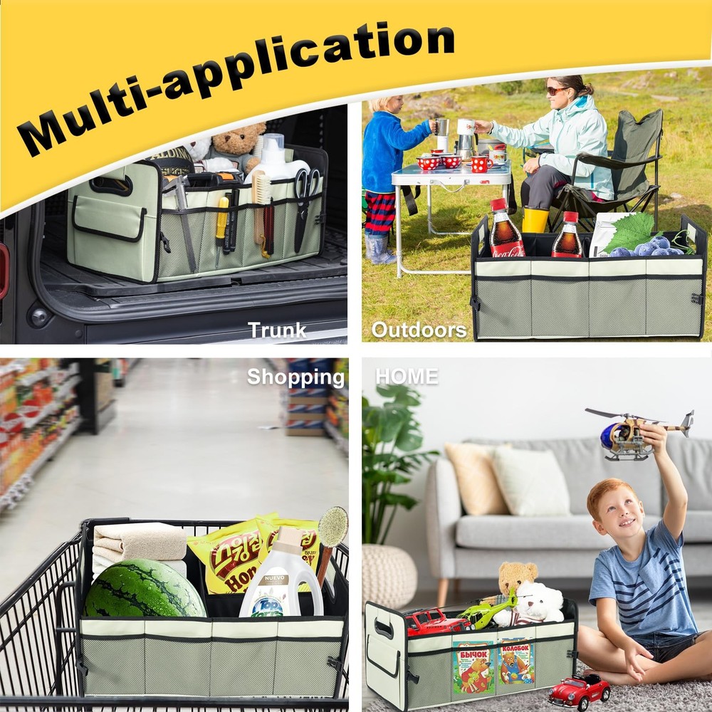 Car Trunk Organizer Collapsible Multi Compartment Box Adjustable Light Green