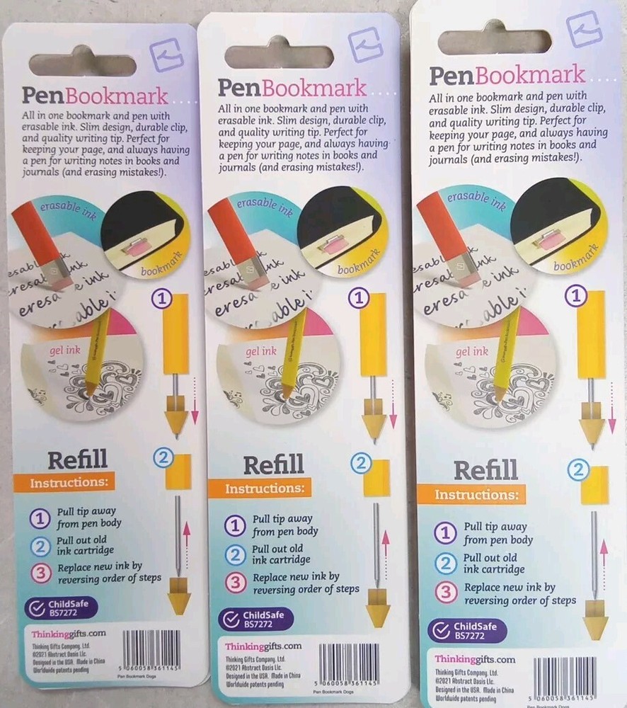 3 Erasable Pen Bookmark Plus 2 Refills Each Blue