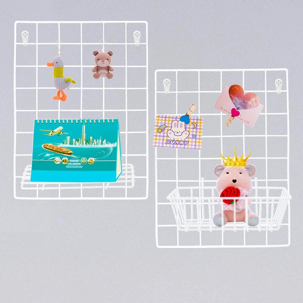 2 PCS Wall Grid Panel Wire Photo Display Board Storage Organizer White