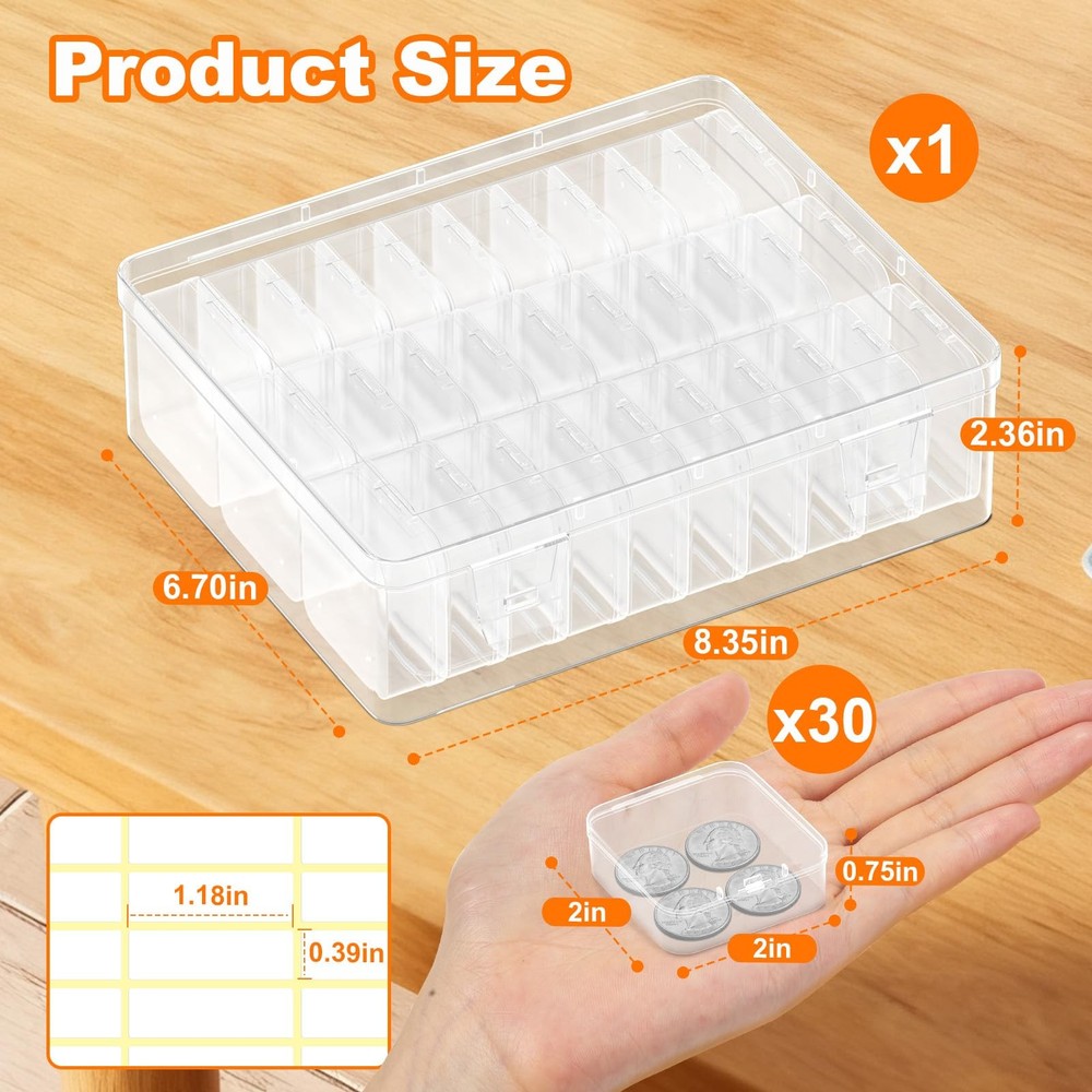 Bead Organizer Box, 30 Pcs Clear Plastic Storage Containers Features Hinged L...
