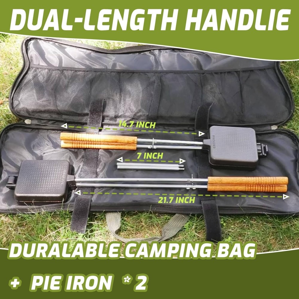 Large Cast Iron Pie Iron Set with Handles & Storage Bag for Camping
