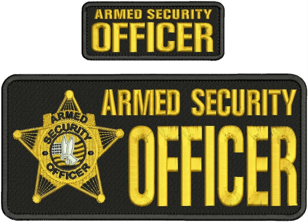 ARMED SECURITY OFFICER  EMB PATCH  4X10 AND 2X5 HOOK ON BACK  GOLD ON BLACK