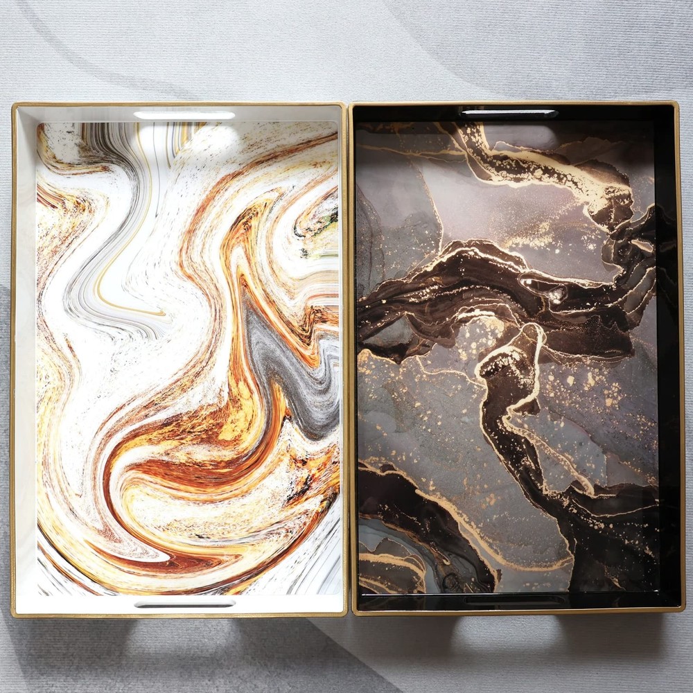 Leemxiiny Black Marbling Decorative Tray w/ Handles - Modern Plastic Rectangular