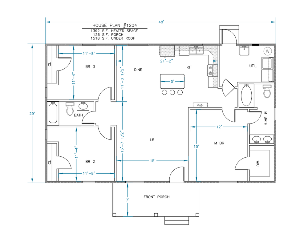 Ranch House Plans 1392 SF 3 Bed 2 Bath Open Floor - Split BR (Blueprints) #1204