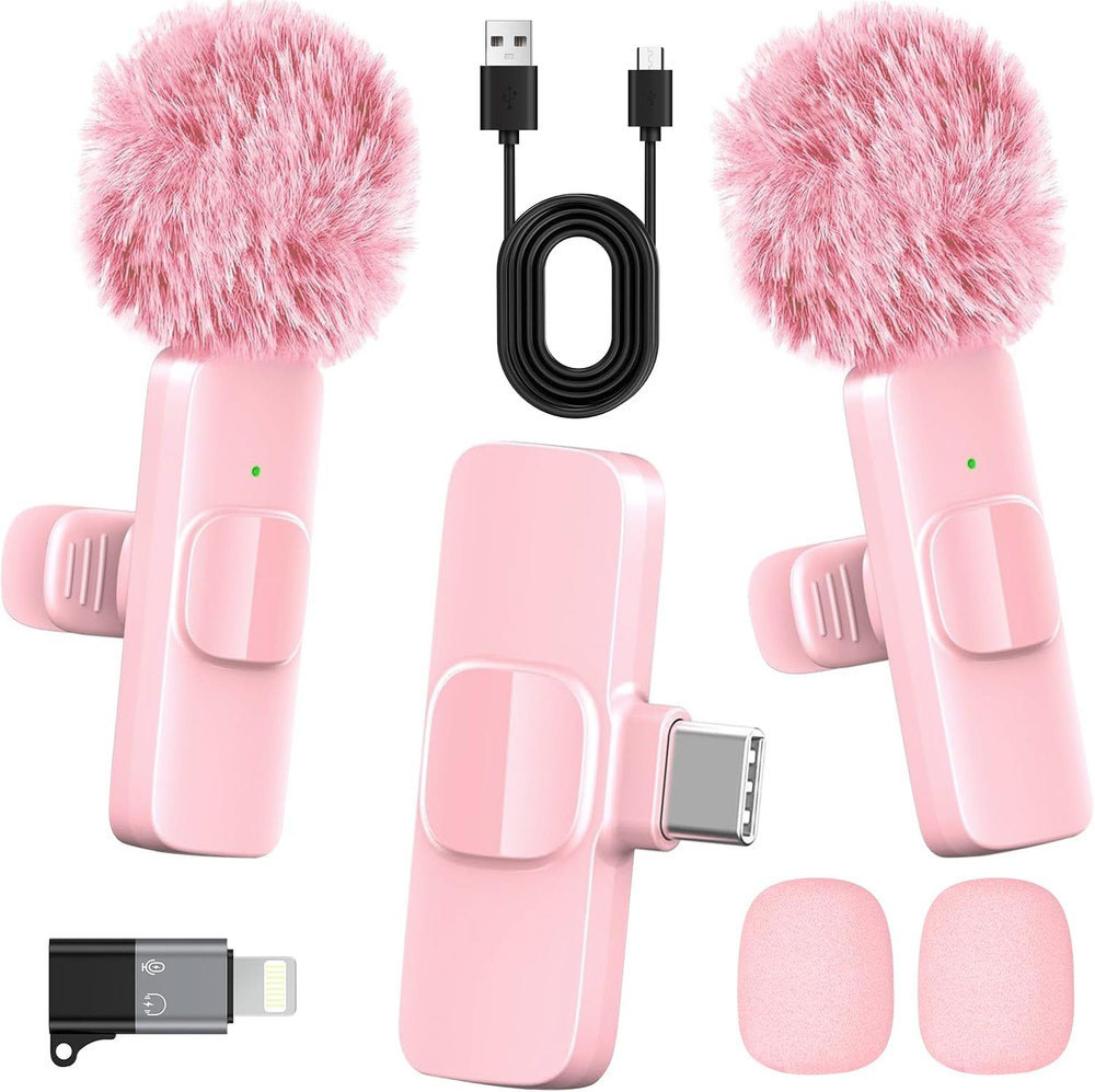 2 Pack Wireless Lavalier Microphone Pink USB-C Lightning 65FT