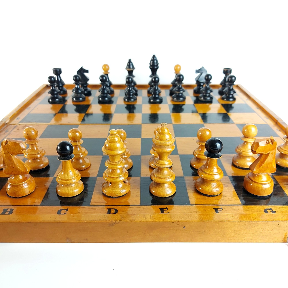 Vintage Romanian Chess Set with large foldable storage board c.1960s