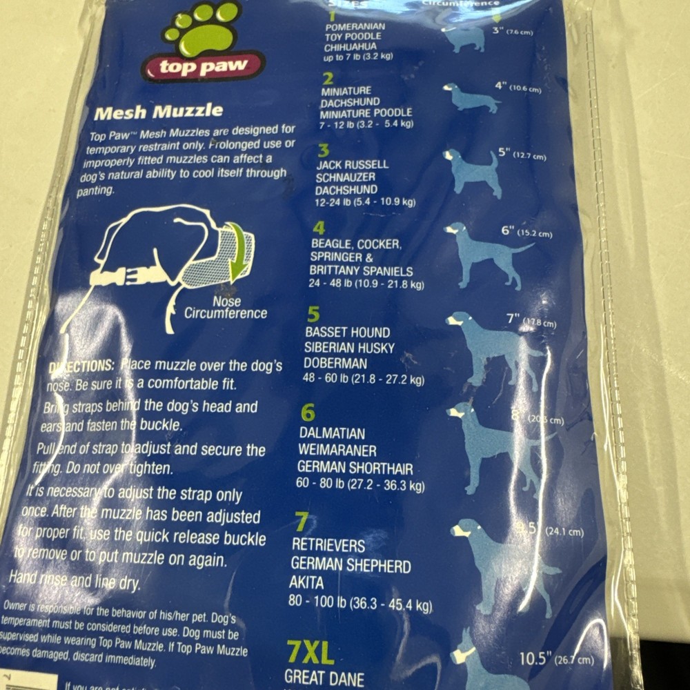 Top Paw Adjustable Mesh Muzzle Size 7 Large Dog New