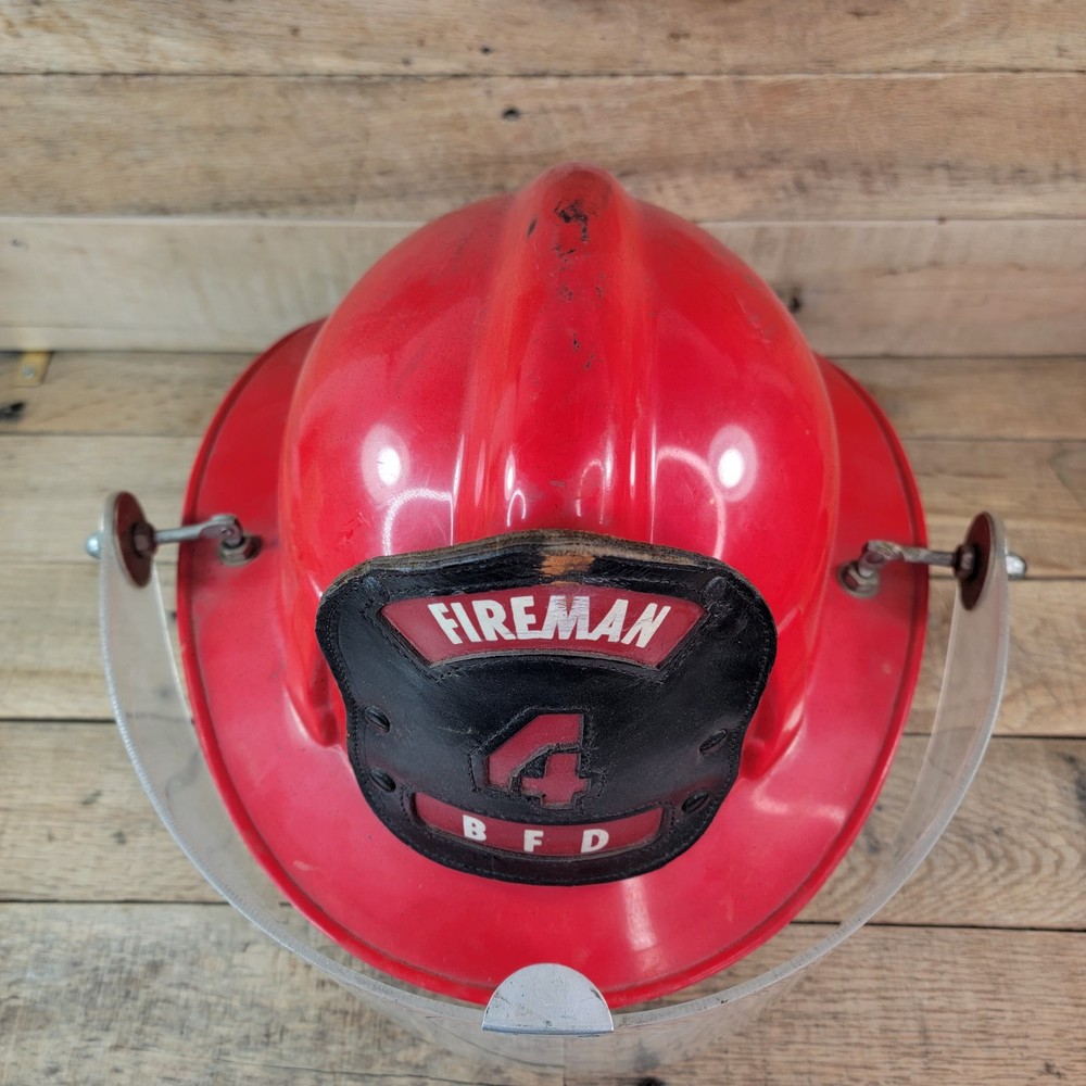 Fireman’s Helmet MSA TOPGARD RED Adjustable Size 1969 Class D BFD Leather Patch