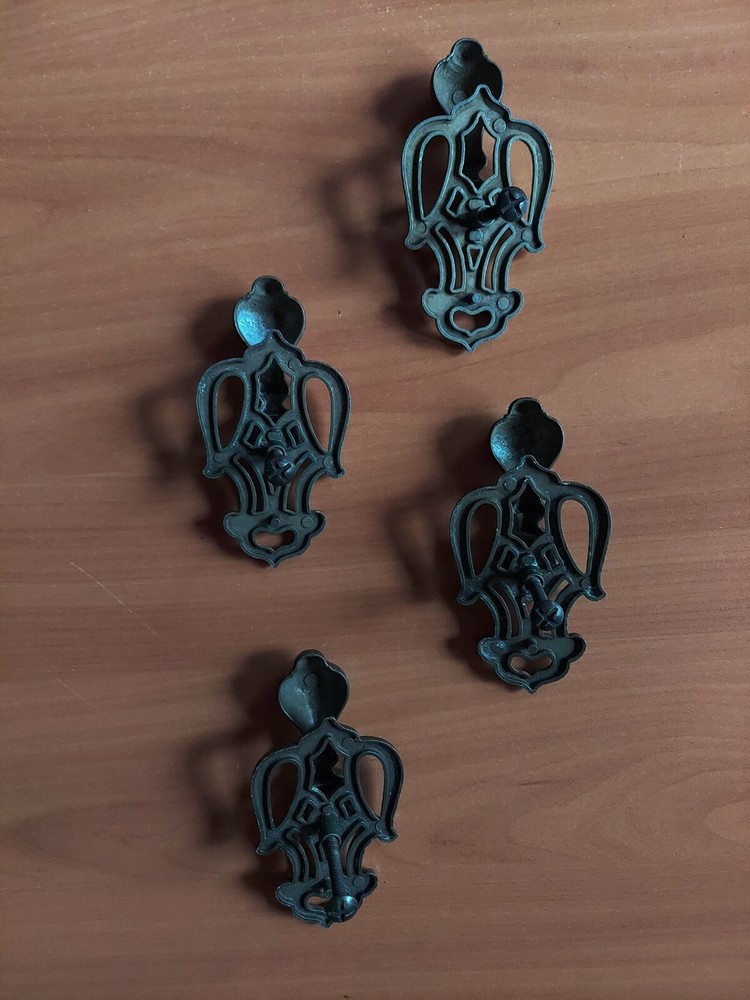 4 VINTAGE CAST METAL DROP HANDLE DRAWER PULLS WITH HARDWARE