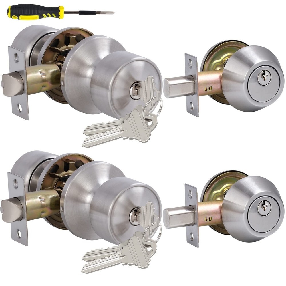 2 Sets Keyed Alike Entry Door Knobs and Single Cylinder Deadbolt Lock Combo S...