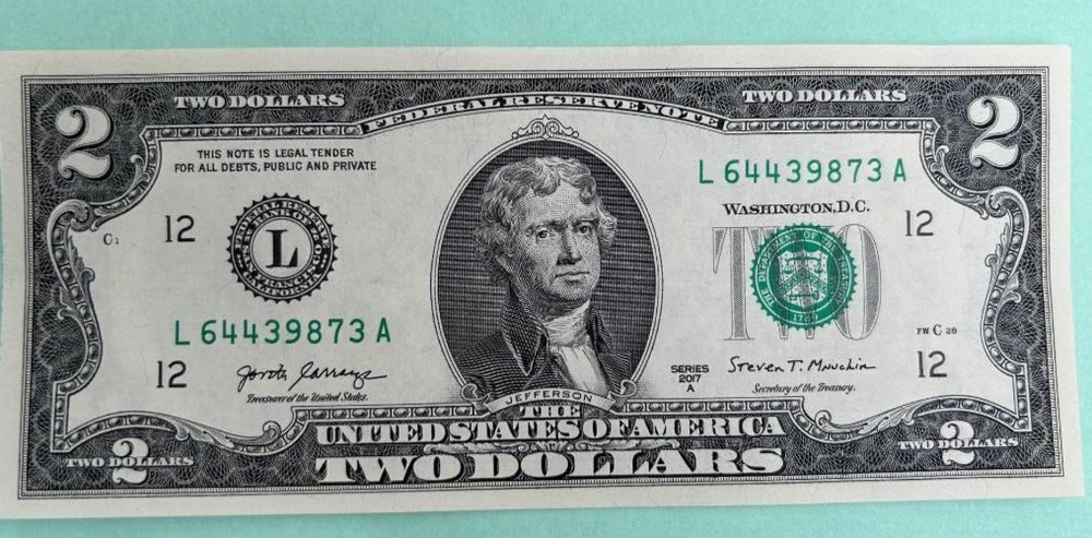 One Uncirculated 2017 Two Dollar Bill $2 Minted in San Francisco Sequential