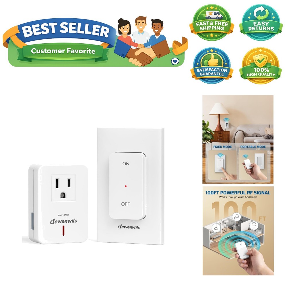 Wireless Remote Light Switch - 15A Outlet with 100FT RF Range & Magnetic Base