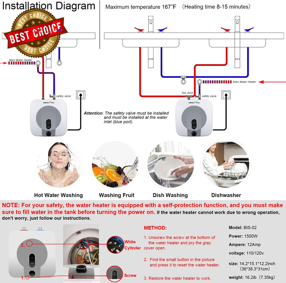 110V-120V 1440-1500W Small under Sink Tank 2.5 Gallon Water Heater Hot Storage,M