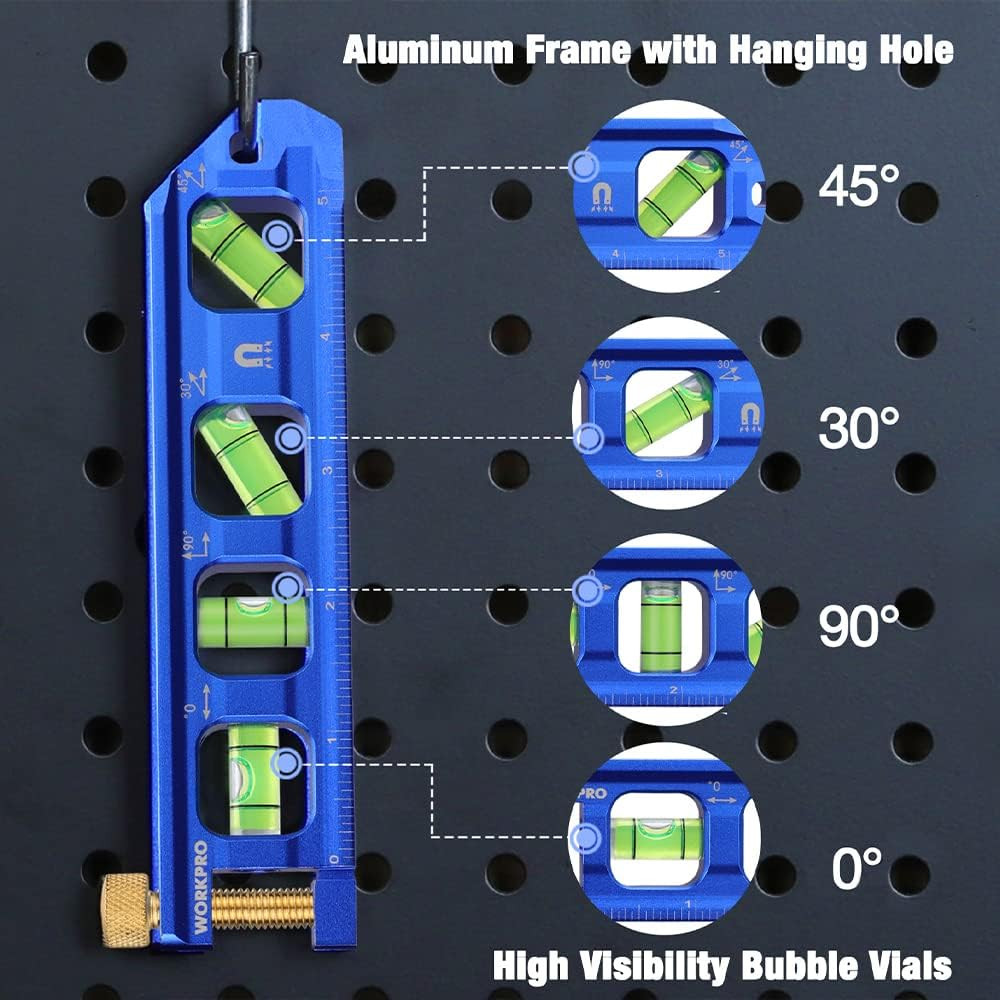 WORKPRO Magnetic Torpedo Level, Conduit Bending Level, Bubble Vials for 0°/90°/3