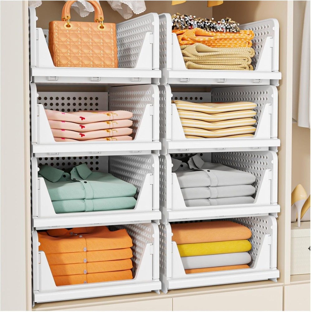 SNSLXH 5 Pack Foldable Closet Storage Baskets Stackable White for Bathroom