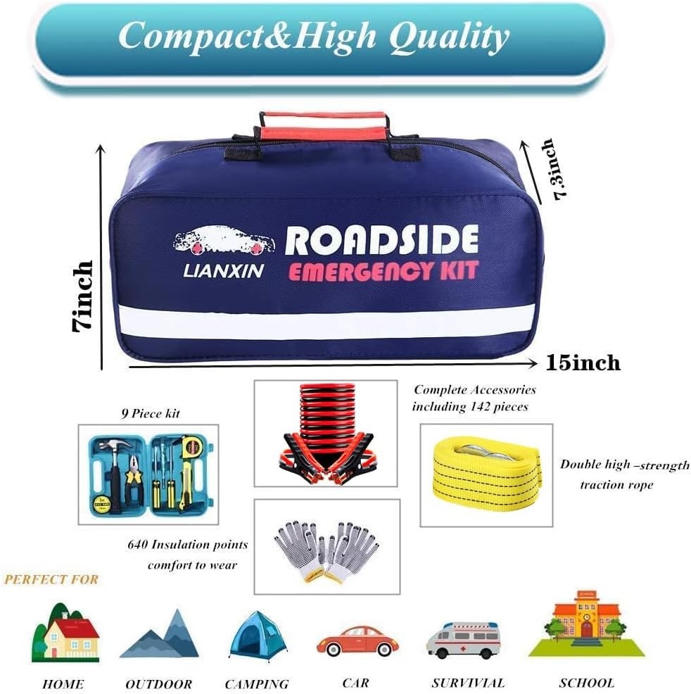Durable Roadside Assistance Kit with Tools, Jumper Cables & Survival Tools