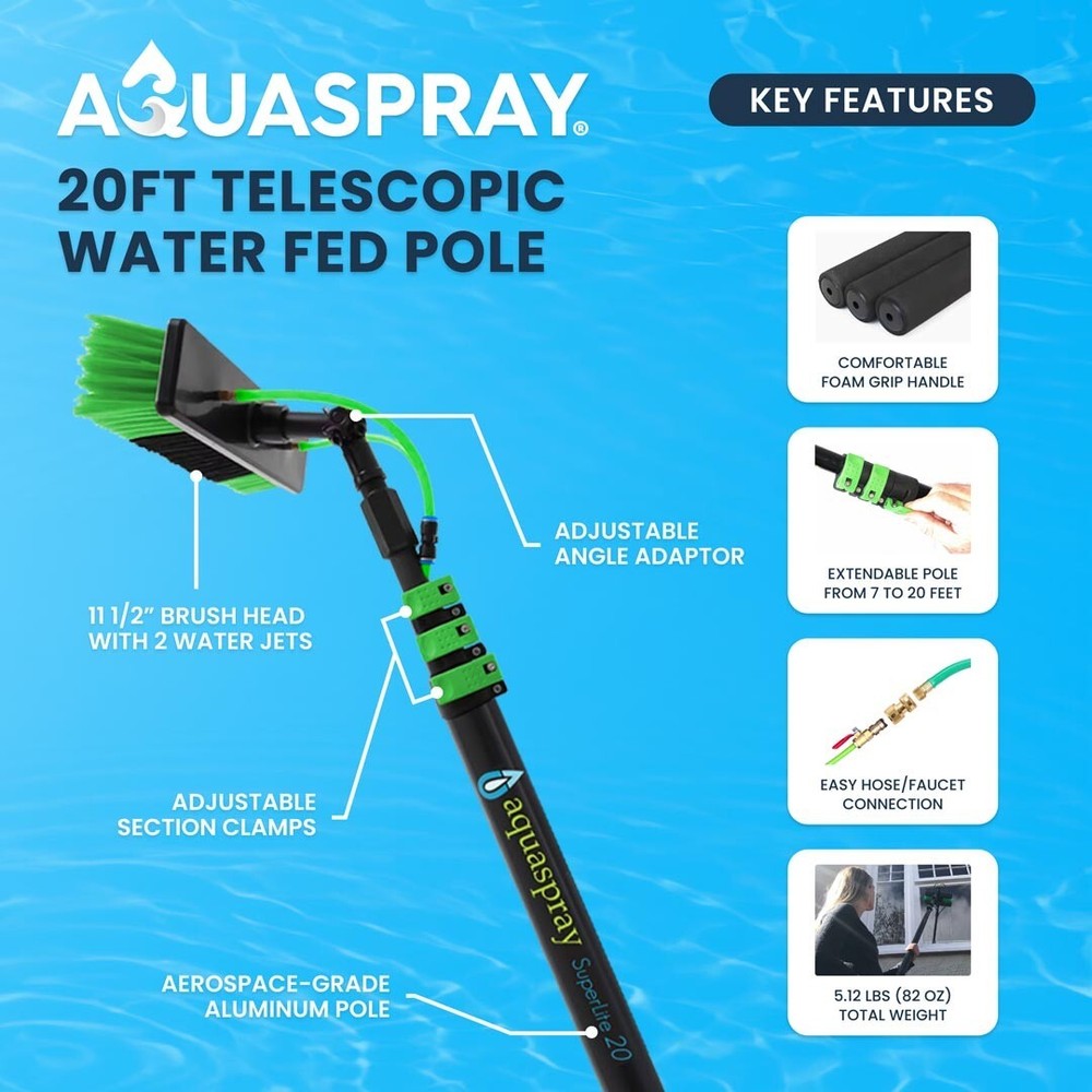20FT Water Fed Pole Kit Window & Solar Panel Cleaning Brush and Pole Washer Tool