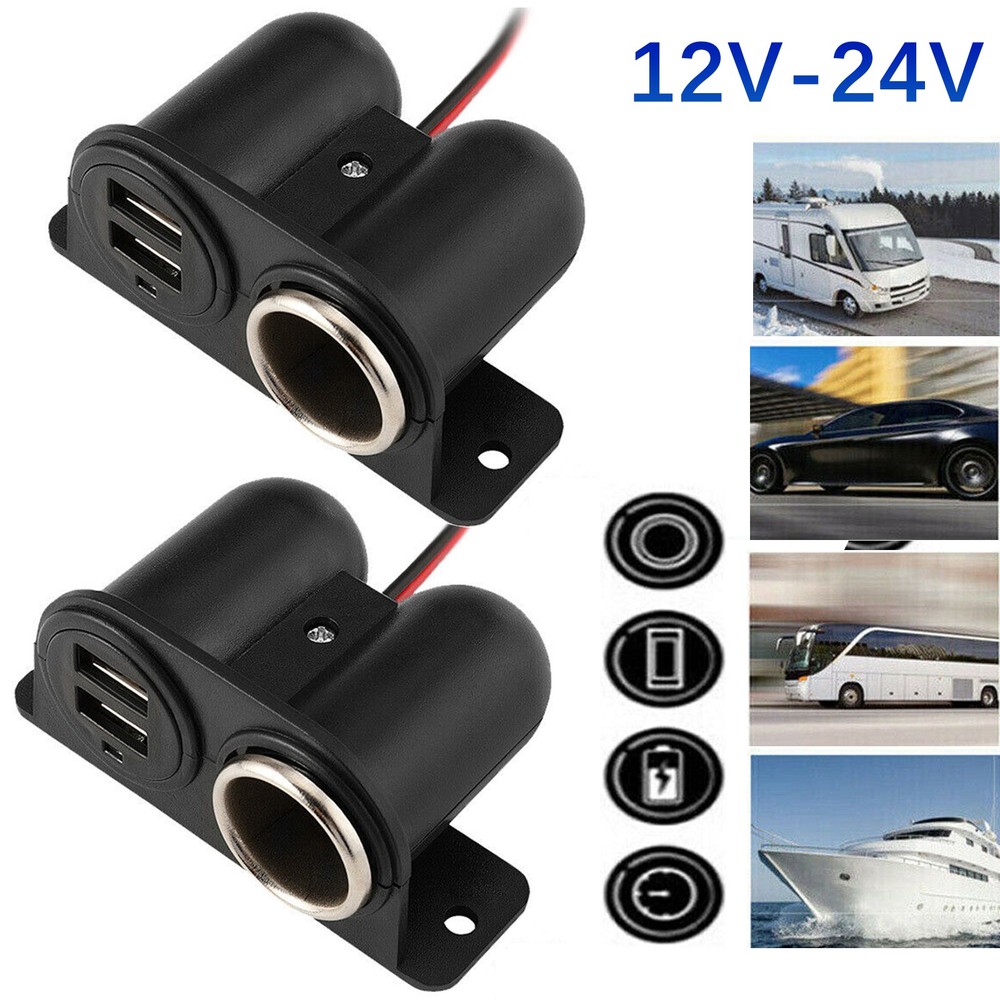 2Pcs Dual USB Car Cigarette Lighter Socket Splitter Charger Power Adapter 12-24V