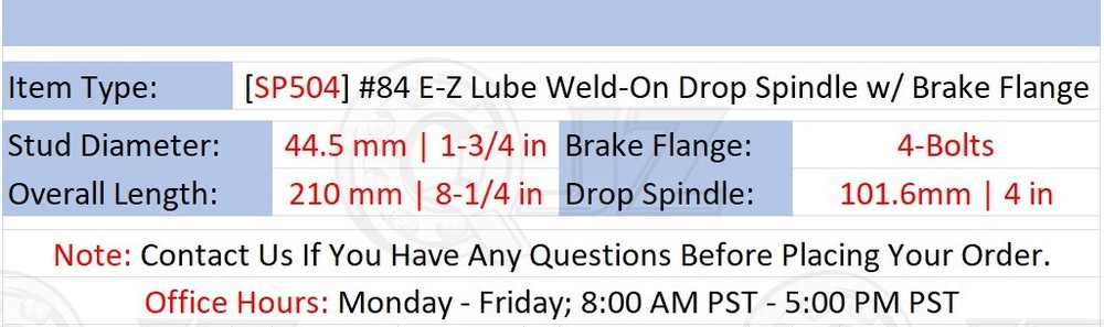[Qty.4] #84 E-Z Lube Weld-On Spindle w/ Brake Flange For 3500lbs Trailer Axles