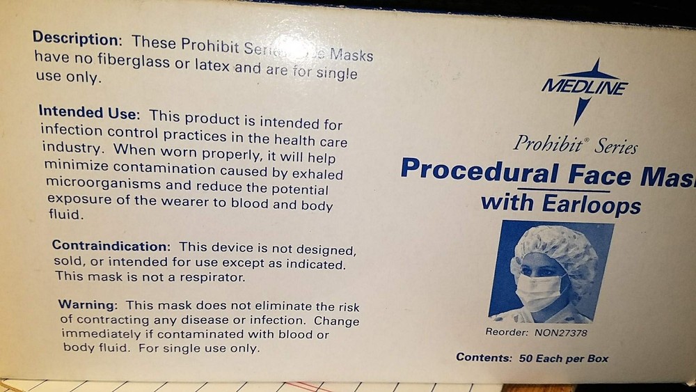 Medline Basic Procedure Face Masks with Ear Loops, ASTM Level 1, Polypropylen...