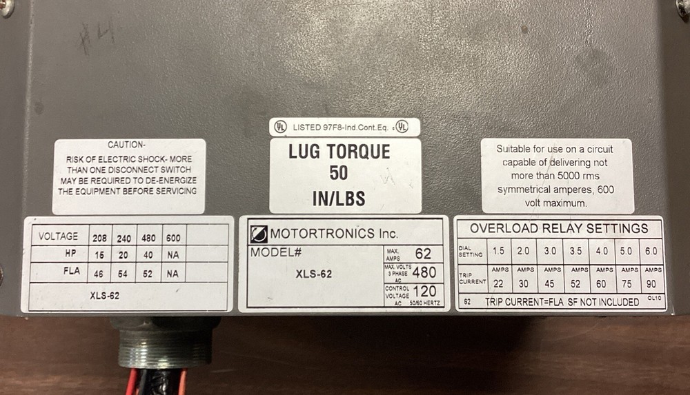Motortronics XLS-62 Solid State Soft Start Voltage: 480VAC 62A, Control: 120VAC