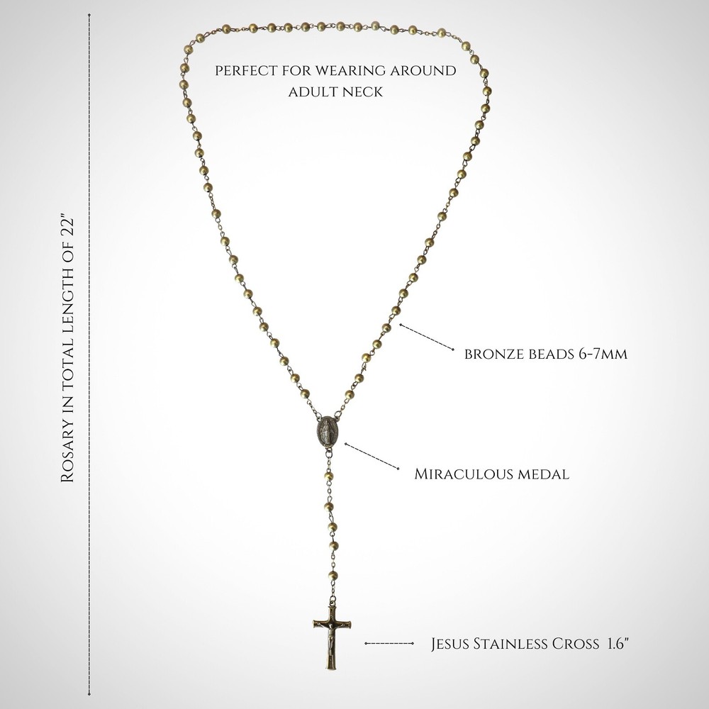 Bronze Beads Rosary Beaded Necklace Miraculous Medal WW2 Design and Jesus Cross