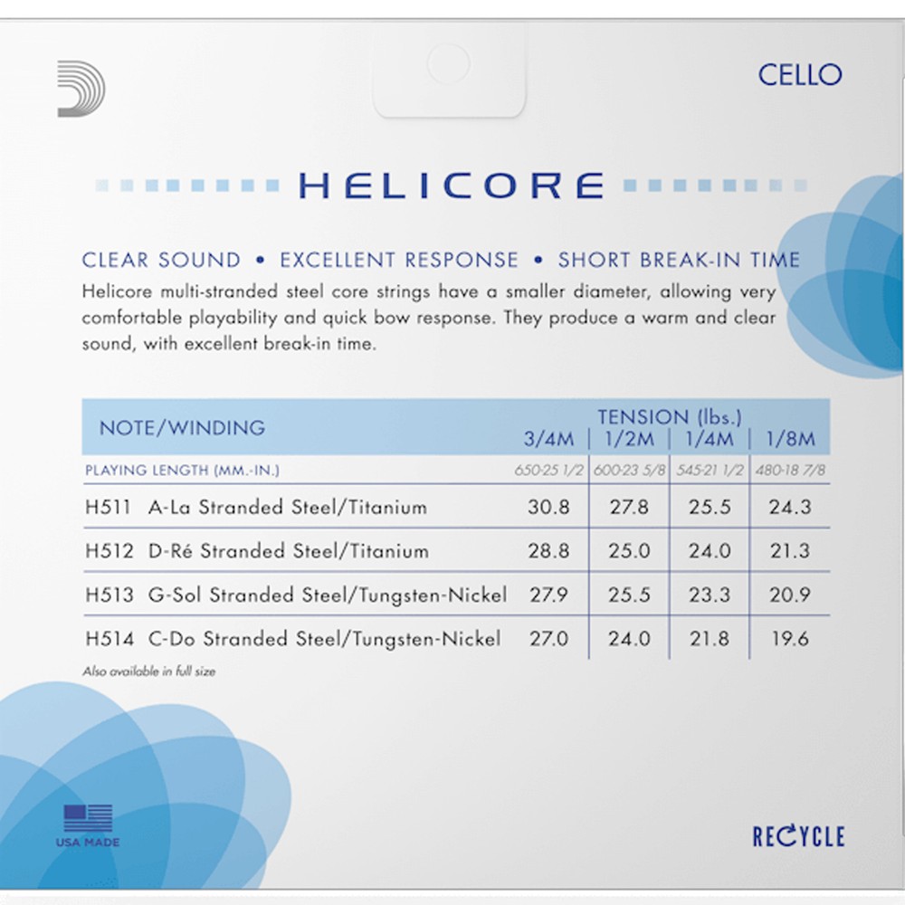 D'Addario Helicore Cello Single D String, 1/2 Scale, Medium Tension Bulk 10-Pack