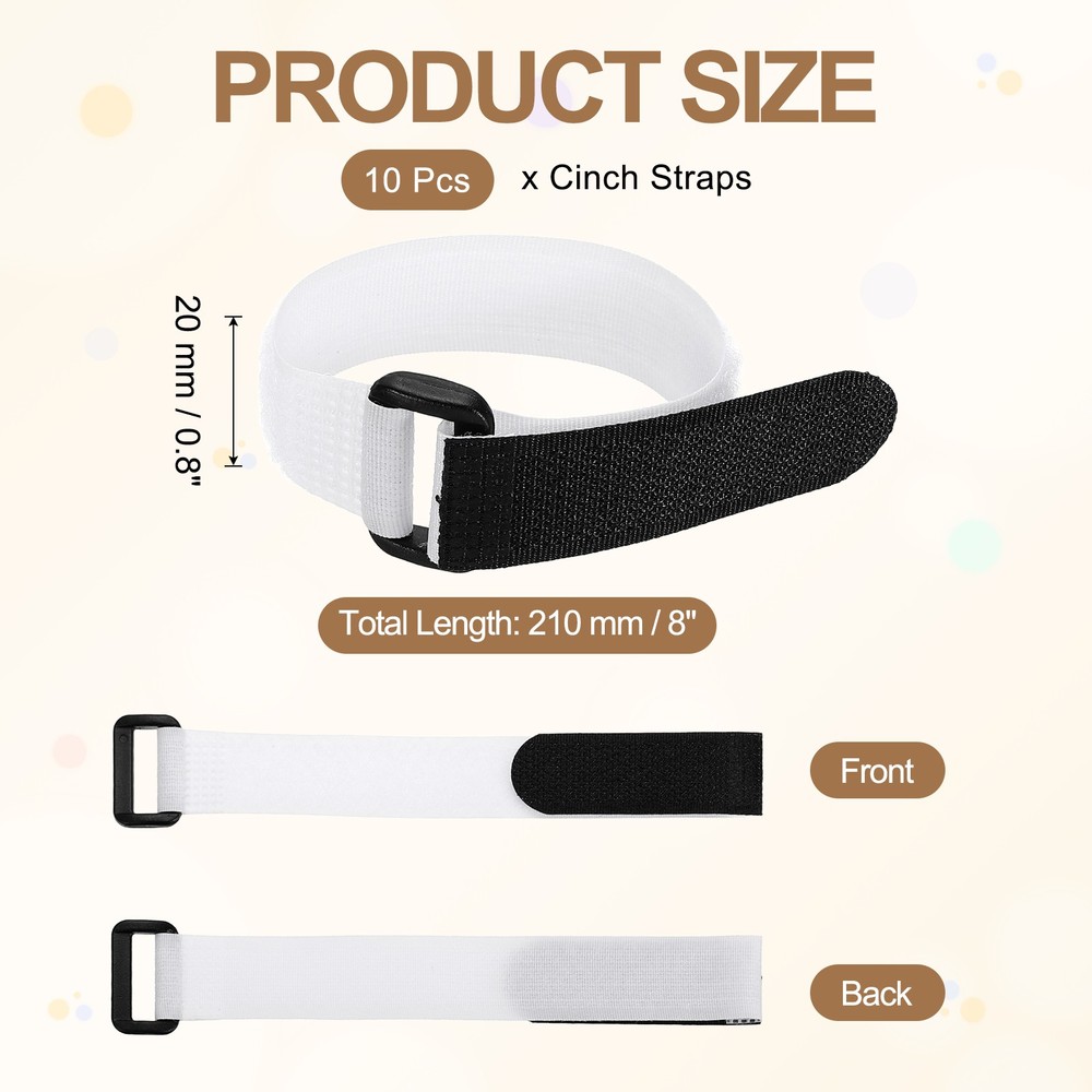 10pcs Reusable Cinch Straps 0.8"x8" Hook and Loop Cable Securing Straps, White