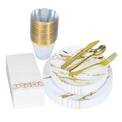 175pcs Gold Plastic Dinnerware Set – Elegant Disposable Plates, Cups, Utensils