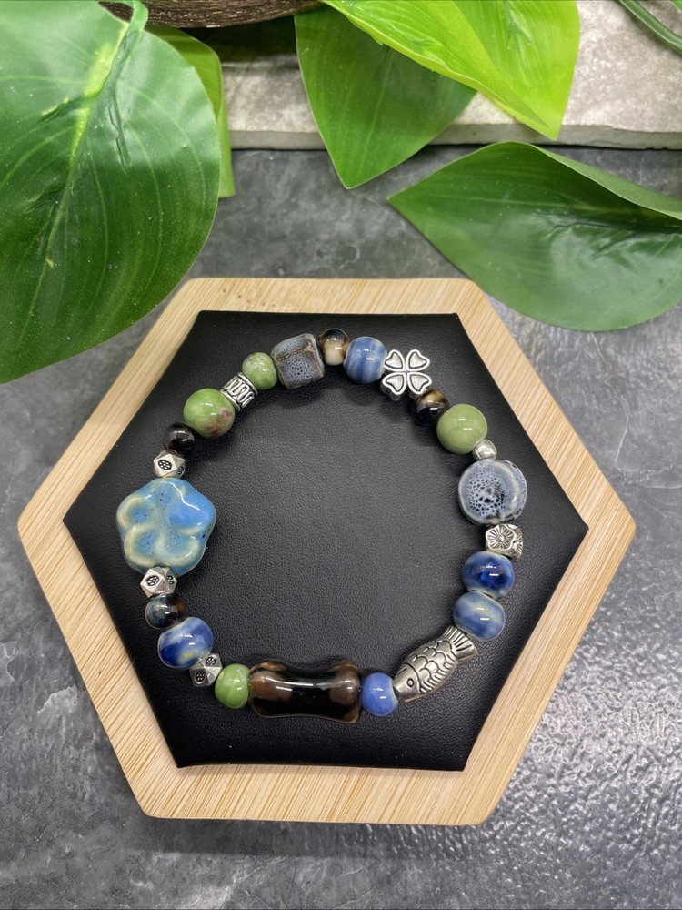 Handmade Ceramic Bead Beaded Stackable 6.5” Plus Stretch Bracelet New B328