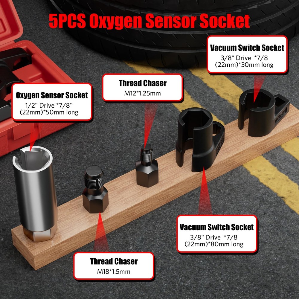 HTOMT 5PCS Oxygen Sensor Socket Removal Tool Wrench and Thread Chaser Set Red