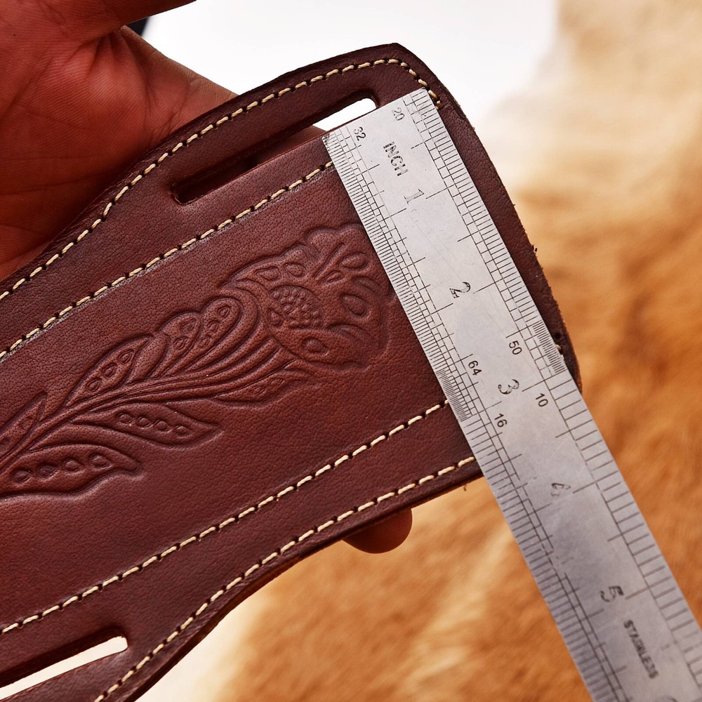 Brown LEATHER ENGRAVED PANCAKE Fixed Blade Knife Belt Sheath Folding Tool Case