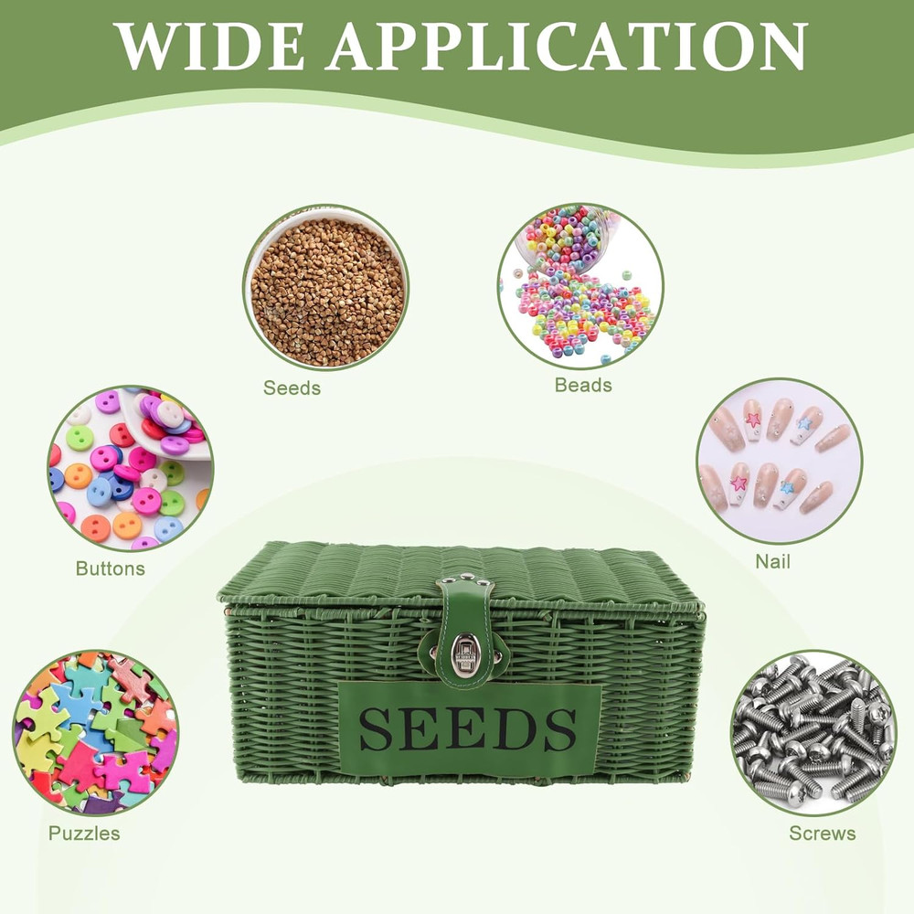 Seed Storage Organizer, 4 Compartment Seed Box with Safety Lock, Poly Wicker Bas