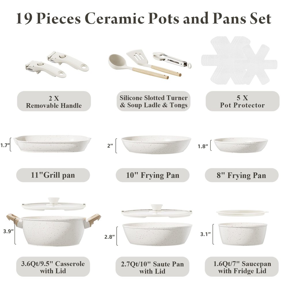 19pc Nonstick Ceramic Pots & Pans Set Removable Handle Space Saving Cookware New