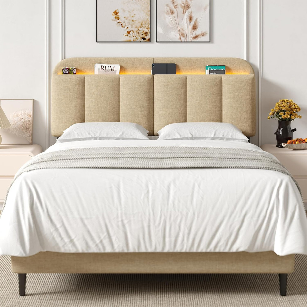 Queen Size Adjustable Headboard, Upholstered Headboard with Storage, APP Control