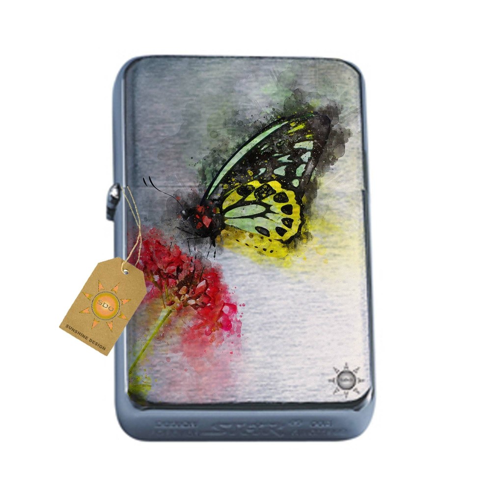 Watercolor Butterfly Pocket Lighter Silver Refillable