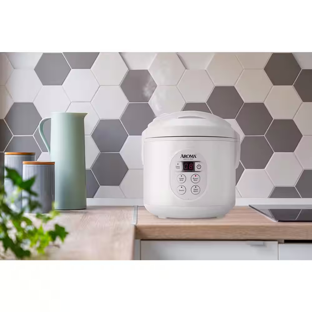 8-Cup White Digital Rice Cooker in Black Control Panel