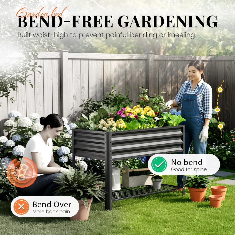 Large Raised Garden Bed with Legs & Storage Shelf Galvanized Elevated Planter...