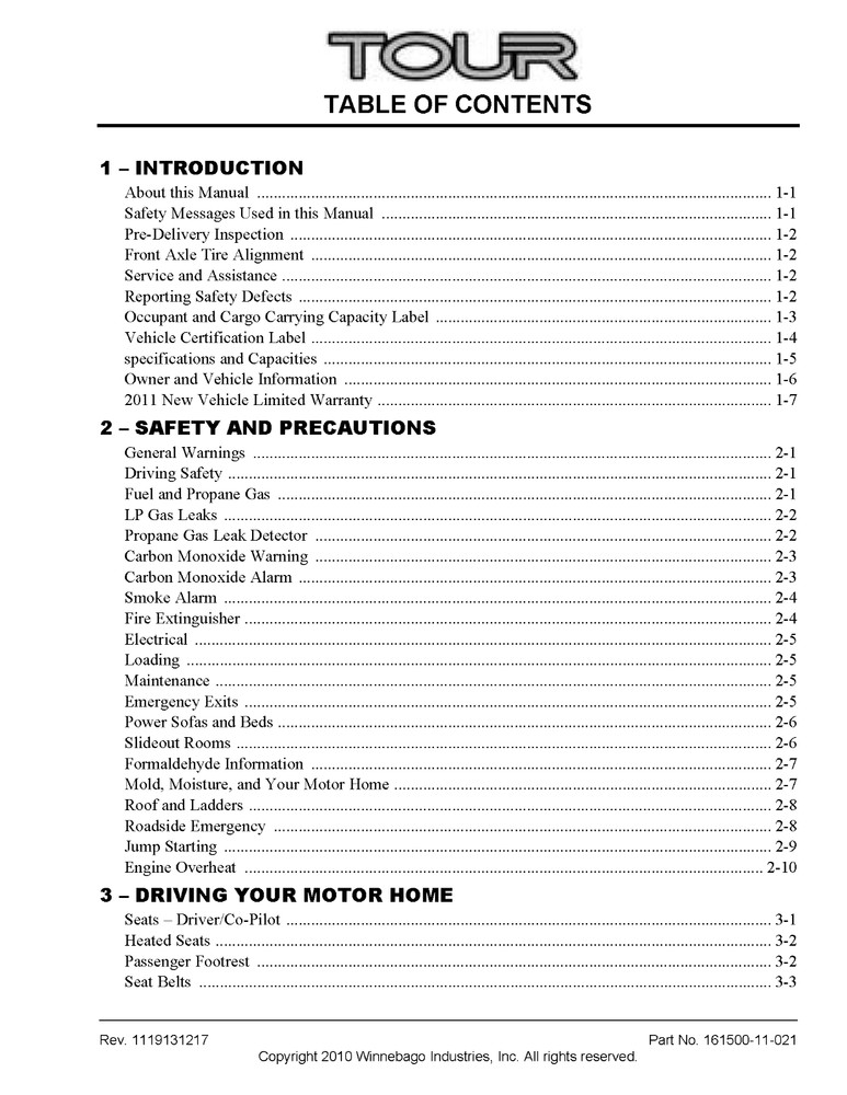 2011 Winnebago Tour Home Owners Operation Manual User Guide