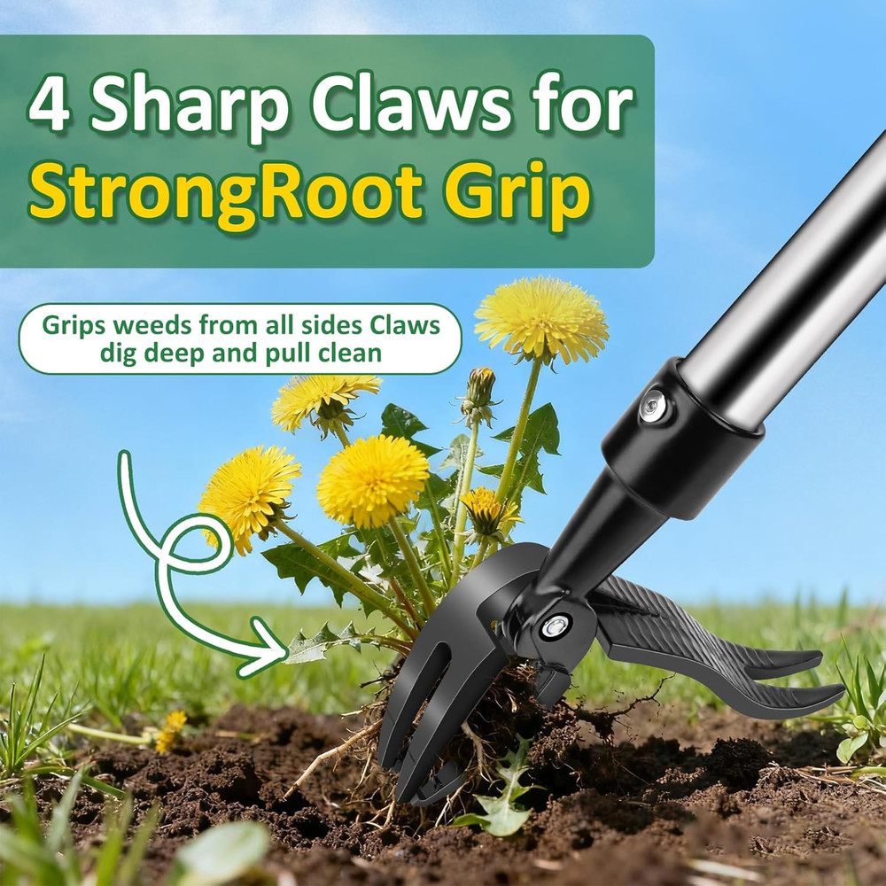 Weed Puller Tool, Stand Up Weed Remover Tool with Long Handle, 4 Claw Steel Head