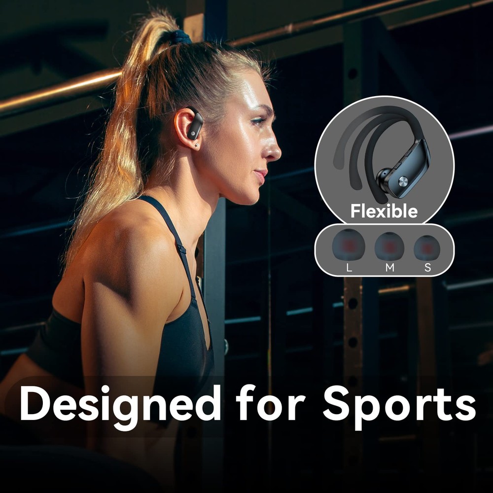 bmani Wireless Earbuds 80H Playtime LED Display Over-Ear Hook Mic Bluetooth Blac