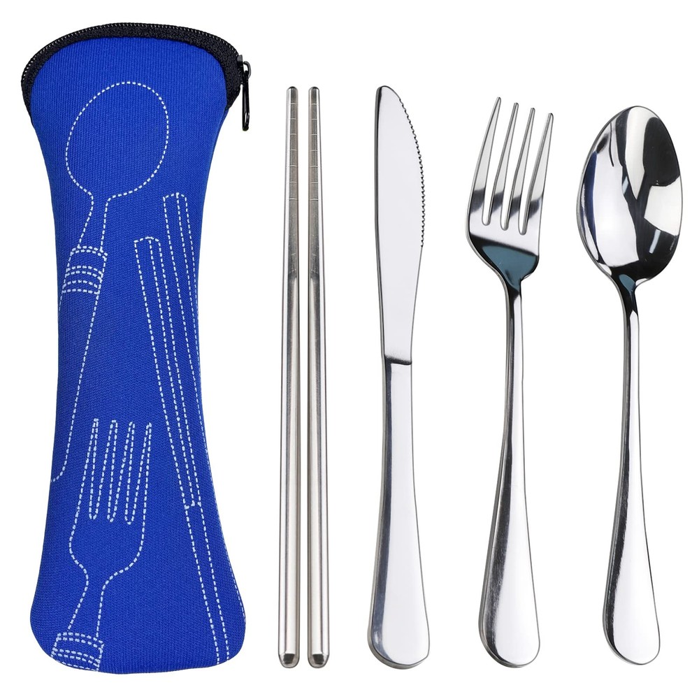 5Pcs Portable Silverware Set With Case, Travel Camping Utensils Set,