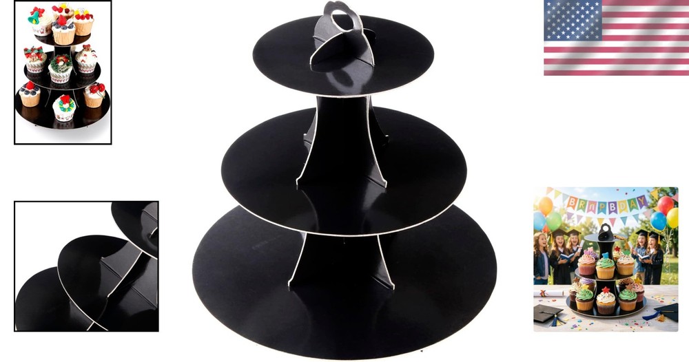Personalized 3-Tier Cupcake Display Stand - Black Cardboard for All Occasions