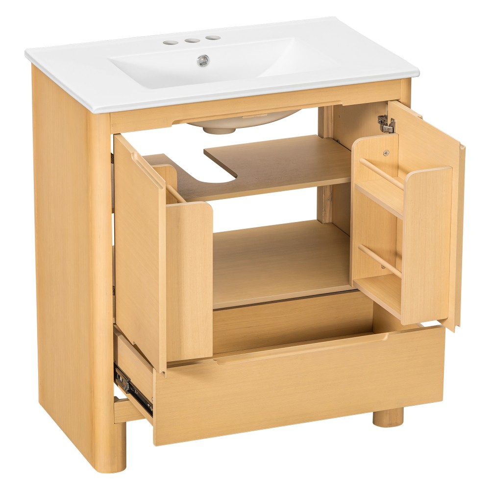 30in Oak Bathroom Vanity with Ceramic Sink, Soft-Close Doors, Adjustable Shelf