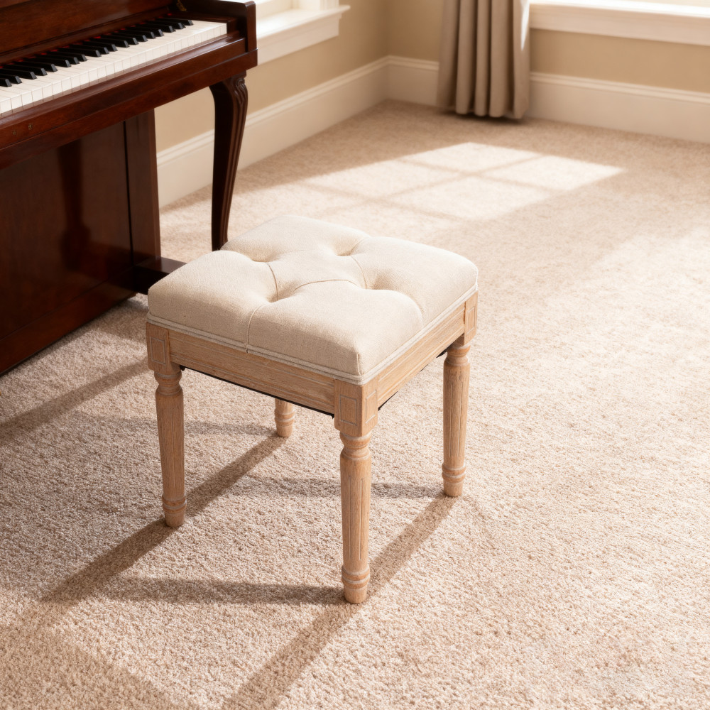 Beige Small Padded Bench Solid Wood Rattan Upholstered Vanity Stool