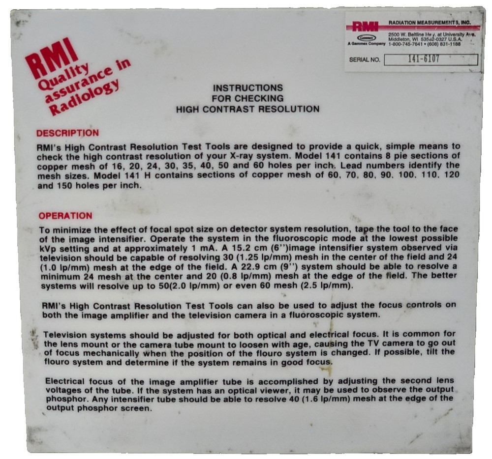 RMI 141 H High Contrast Resolution Test Tool