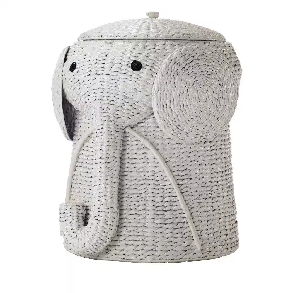 Elephant White Woven Basket with Lid (20.5" W)
