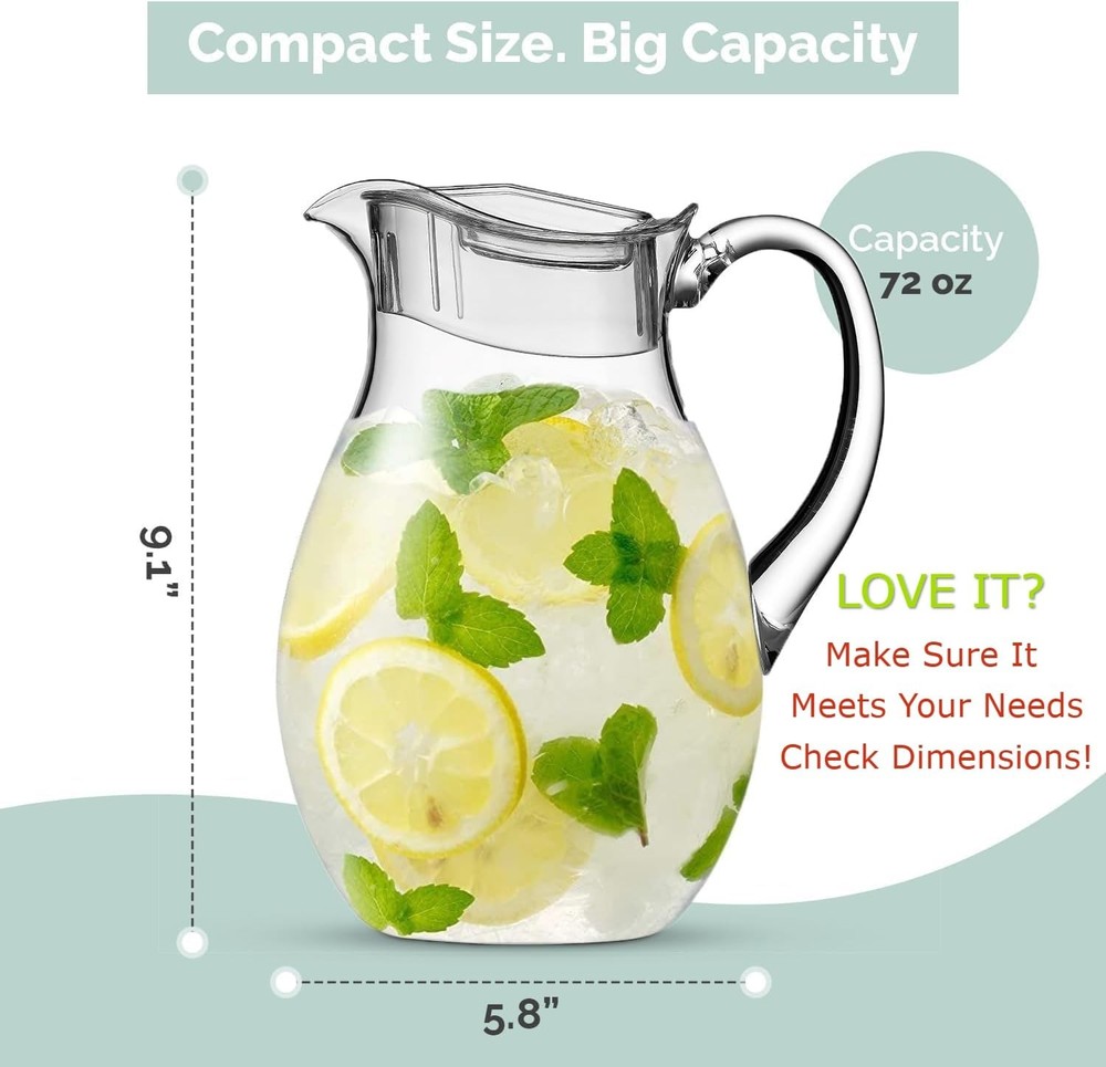 Acrylic Pitcher (72 oz), Clear Plastic, Water Pitcher with Lid, Shatterproof,...