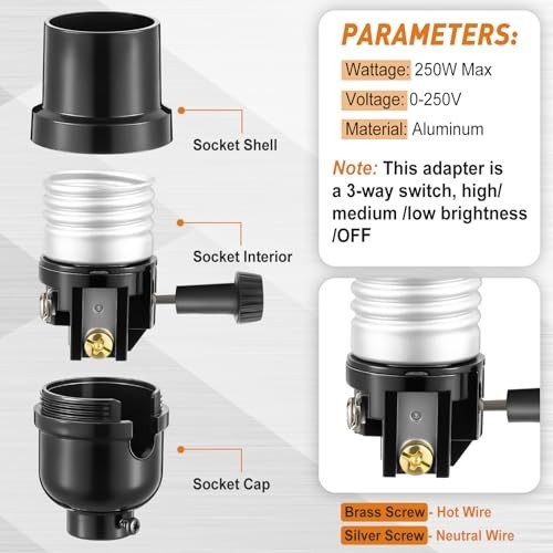 6 Pcs E26 3-Way Lamp Socket Replacement, UL Listed, Turn Switch for Table/Floor