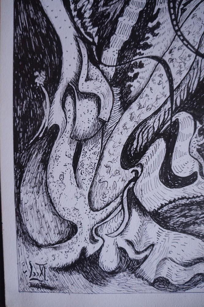 Ink Drawing Composition Signed GUSTAV VON DER LOO (a)